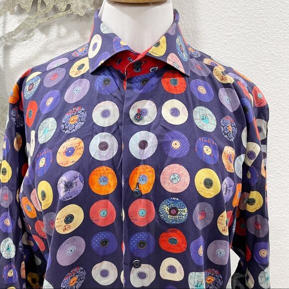 7 Downie St Retro Record Album Long Sleeve Button Down Shirt Purple Red 5 - Picture 2 of 6